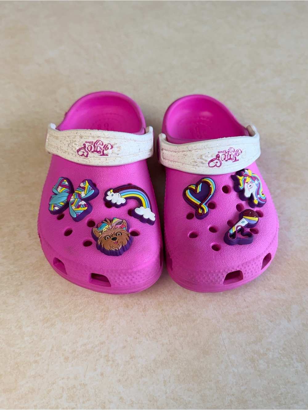 CROCS Kids Bright Pink Clog Sandals with White Heel Straps
